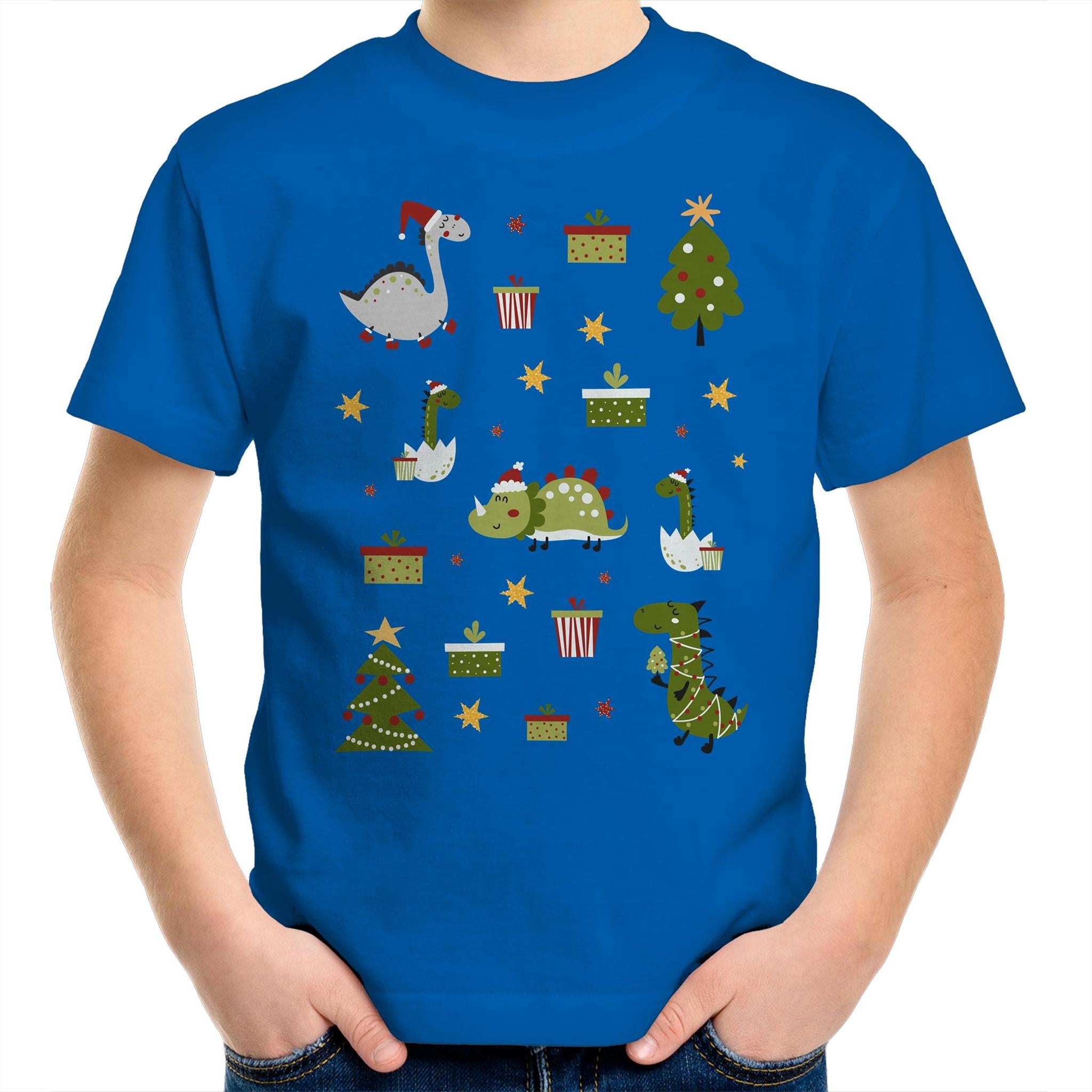 Cute Dinosaur Christmas - Kids Youth T-Shirt Bright Royal Kids Christmas T-shirt Christmas Printed In Australia