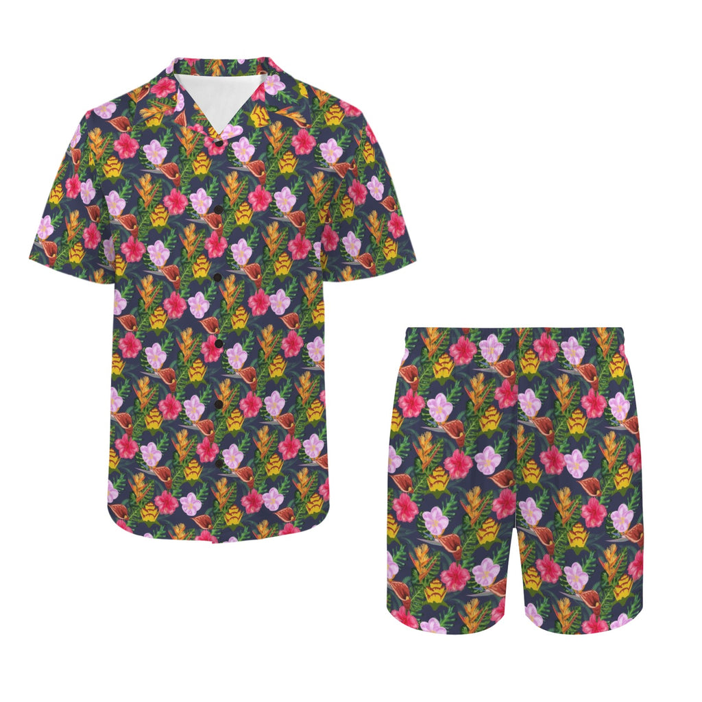 Tropical Floral Men's Hawaiian Shirt & Shorts Set Men's Hawaiian Shirt & Shorts Set Plants Printed Offshore