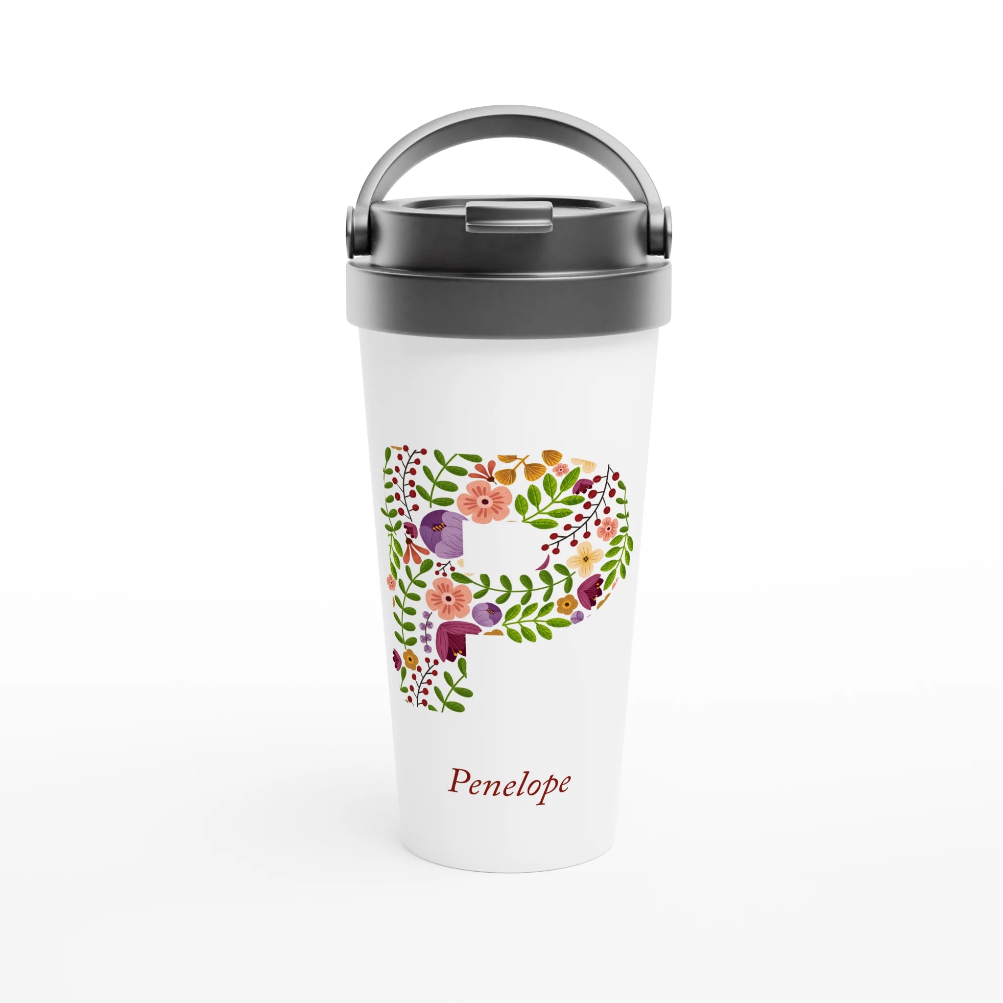 Personalised - Floral Initial - White 15oz Stainless Steel Travel Mug Default Title Personalised Travel Mug Customise Globally Fulfilled Initial Name Personalise
