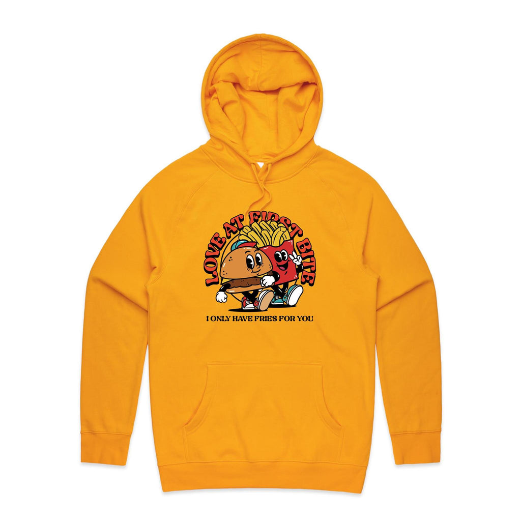 Love At First Bite, Hamburger And Fries - Mens Hoodie Gold Mens Hoodie Food Printed In Australia
