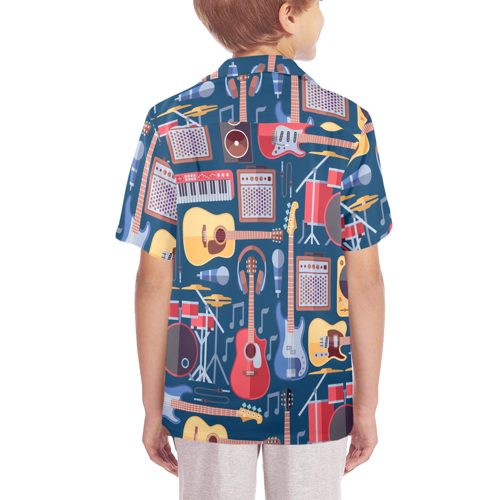Music Instruments Blue Senior Kids Hawaiian Shirt Senior Kids Hawaiian Shirt 8-15 Music Printed Offshore