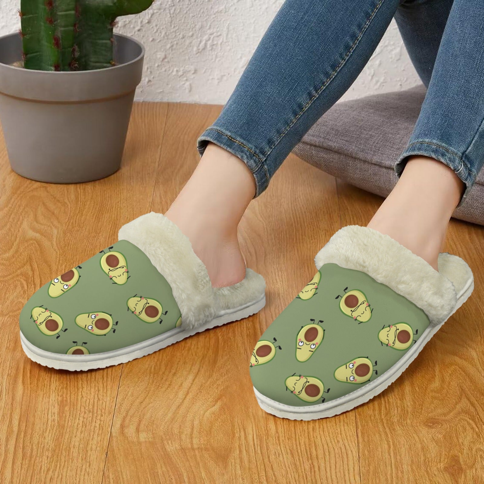 Avocado Characters Women's Fur Trim Thick-Sole Indoor Slippers Women's Fur Trimmed Slippers Food Printed Offshore
