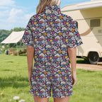 Graphic Flowers On Black Women's Windbreaker Short Set Women's Windbreaker Short Set Plants Printed Offshore