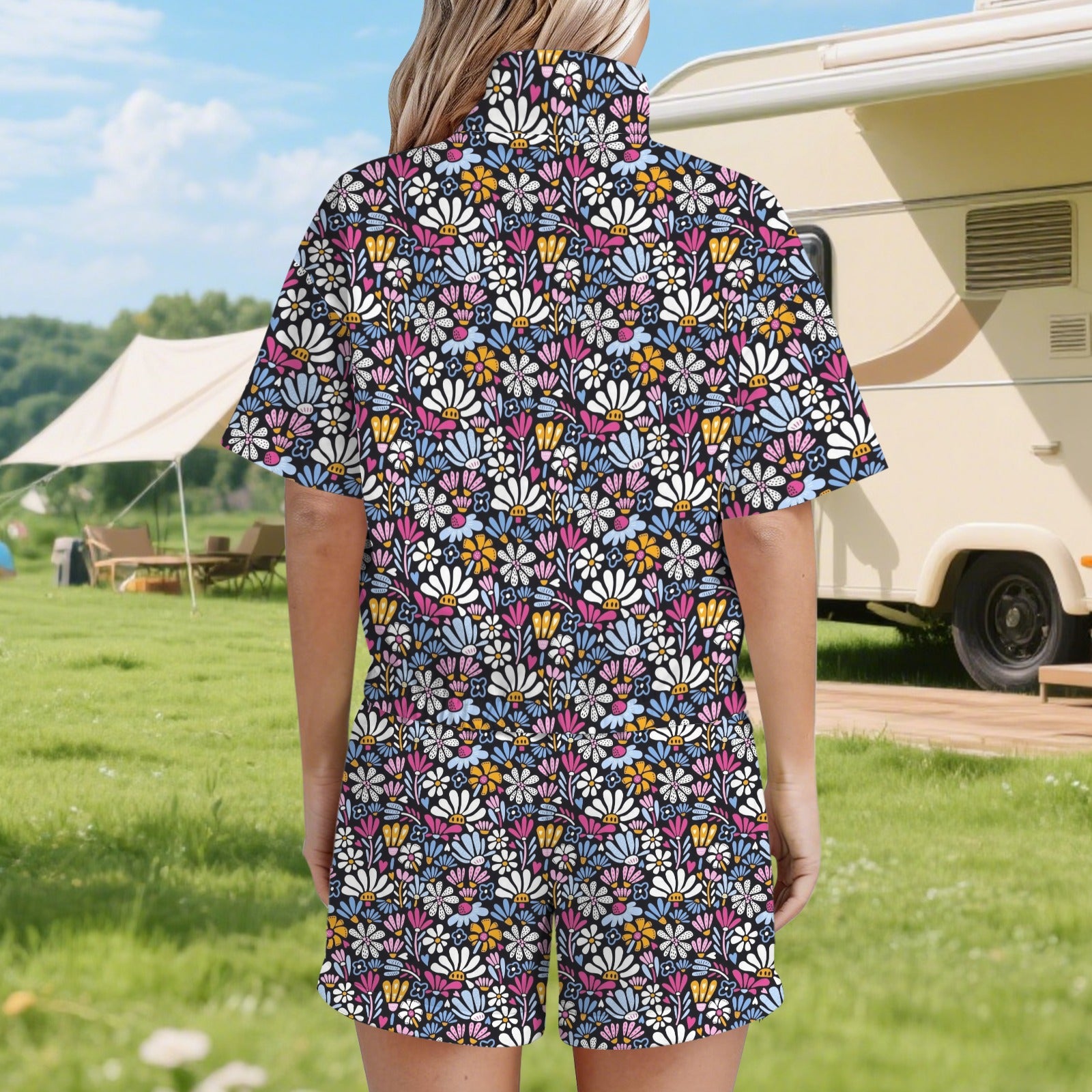 Graphic Flowers On Black Women's Windbreaker Short Set Women's Windbreaker Short Set Plants Printed Offshore