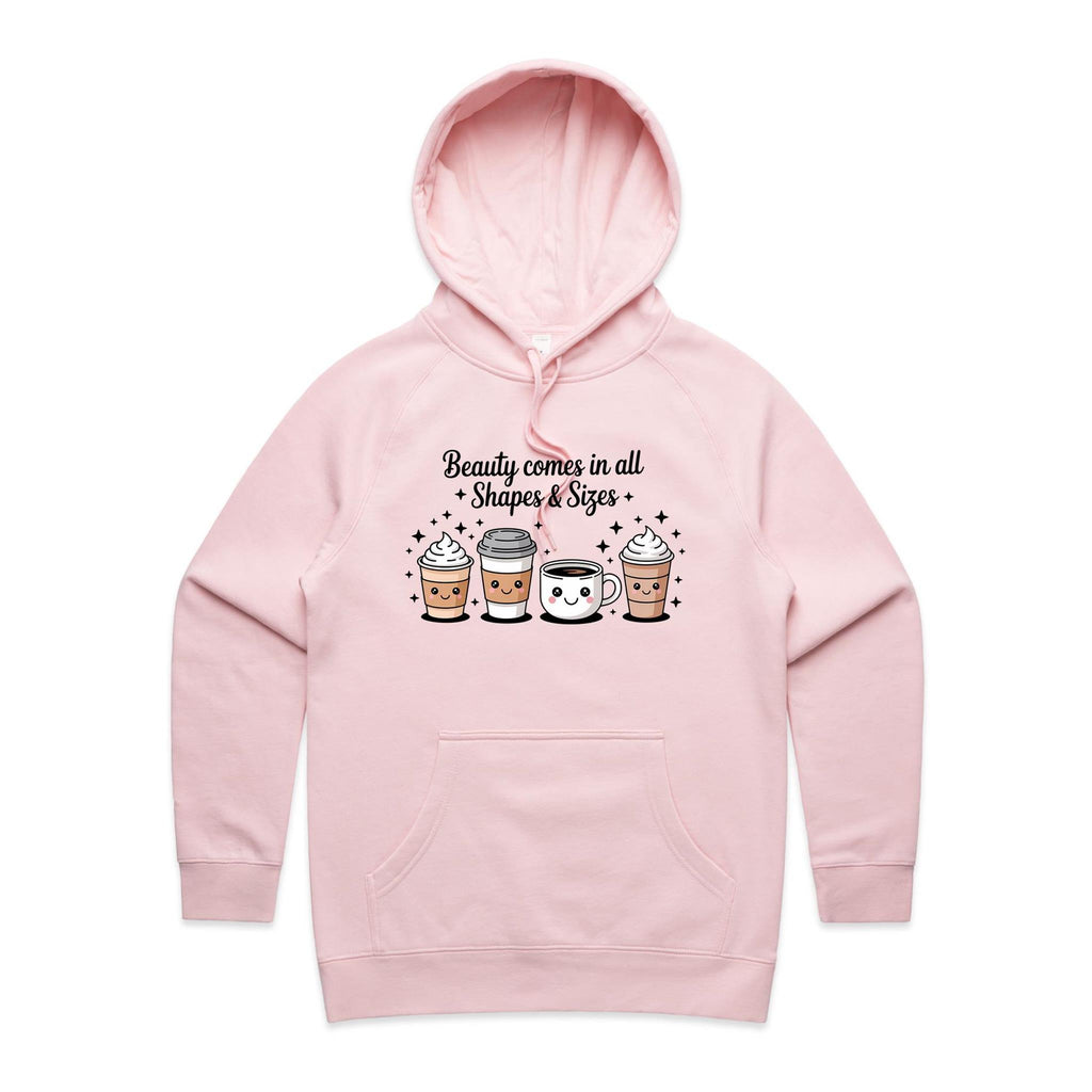 Coffee Beauty, All Shapes And Sizes Women's AS Colour Hoodie Pink Womens Hoodie Coffee Positivity Printed In Australia