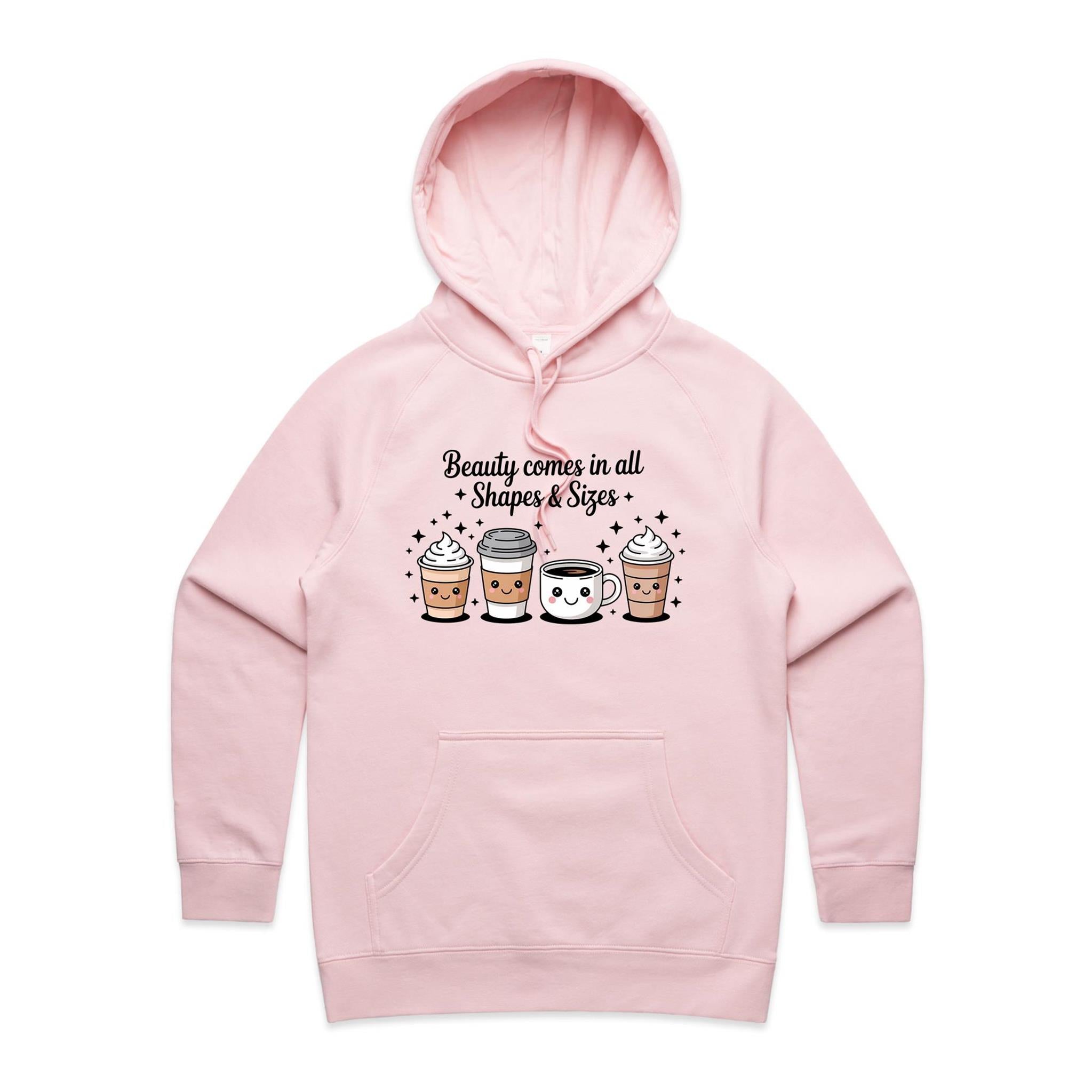 Coffee Beauty, All Shapes And Sizes Women's AS Colour Hoodie Pink Womens Hoodie Coffee Positivity Printed In Australia