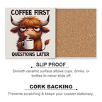 Highland Cow, Coffee First - Ceramic Coasters (Square) Ceramic Coasters animal Printed Offshore