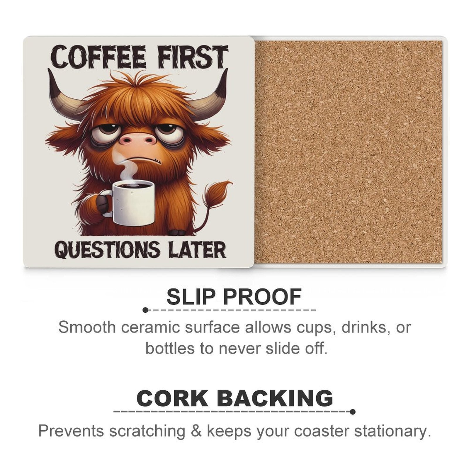 Highland Cow, Coffee First - Ceramic Coasters (Square) Ceramic Coasters animal Printed Offshore