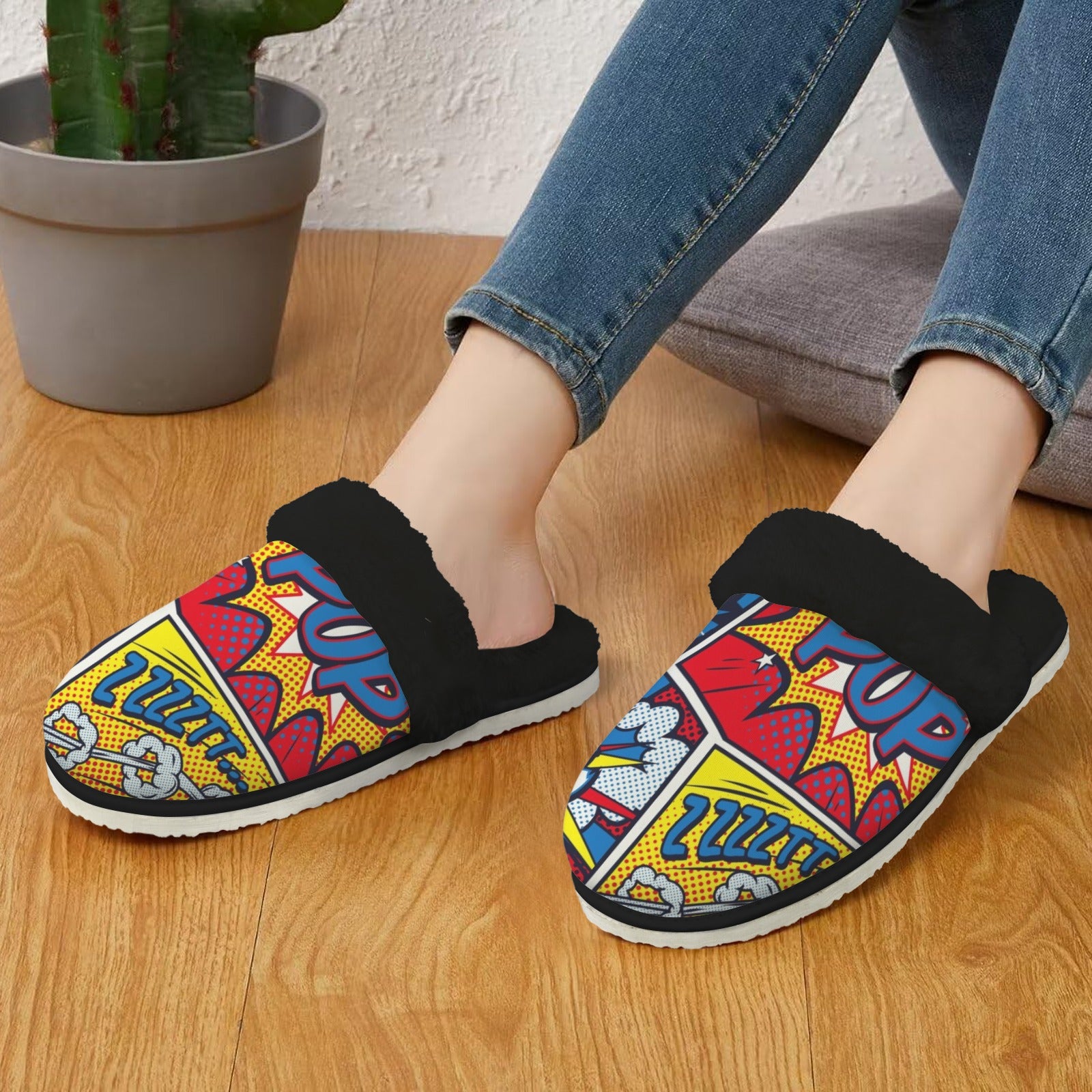 Comic Book Women's Fur Trim Thick-Sole Indoor Slippers Women's Fur Trimmed Slippers comic Printed Offshore