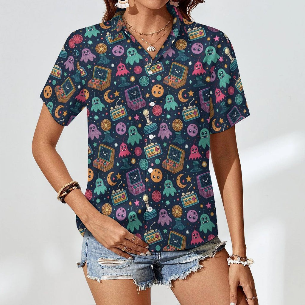 Space Arcade Women's Collared Pocketless Short Sleeve Shirt