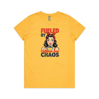 Fueled By Caffeine And Chaos, Retro Woman Women's AS Colour T-shirt Yellow Womens T-shirt Coffee Printed In Australia