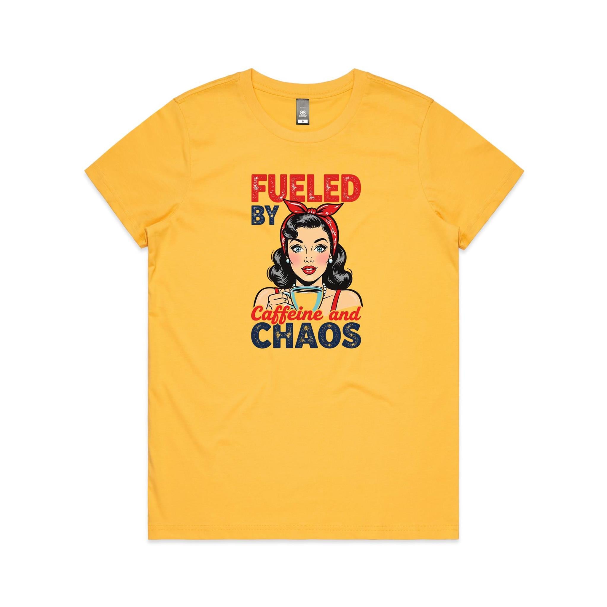 Fueled By Caffeine And Chaos, Retro Woman Women's AS Colour T-shirt Yellow Womens T-shirt Coffee Printed In Australia