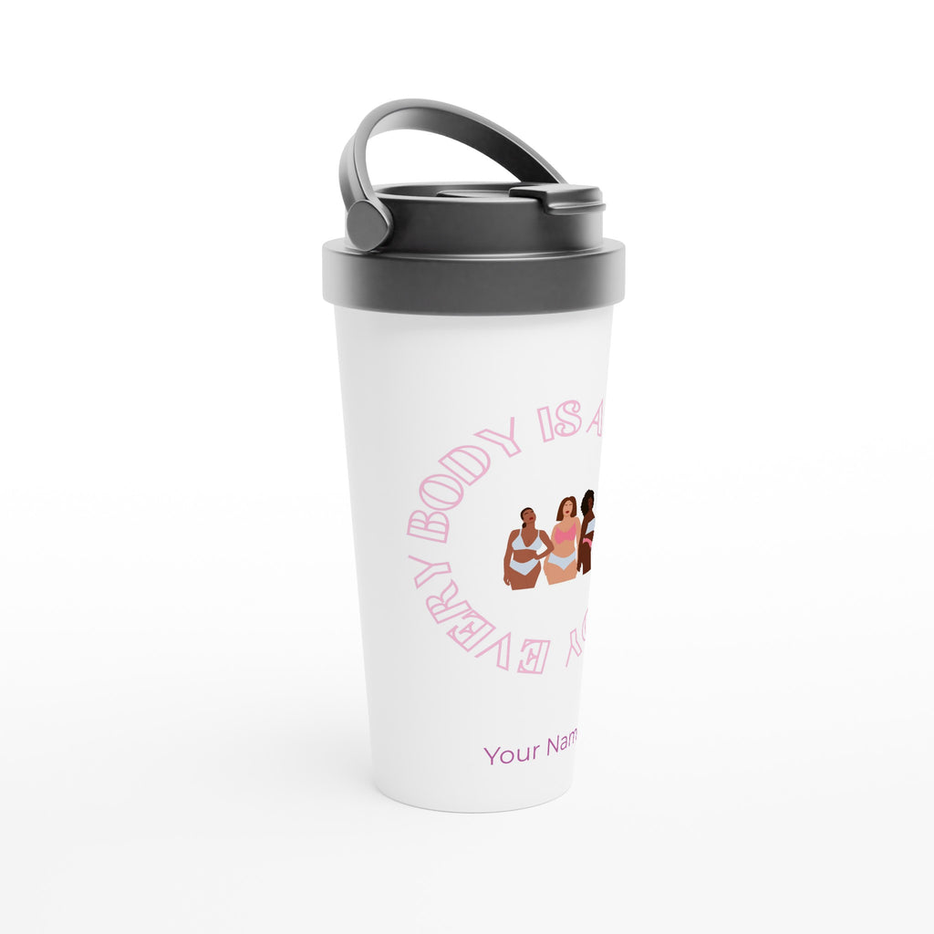 Personalised - Every Body Is A Bikini Body - White 15oz Stainless Steel Travel Mug Personalised Travel Mug coffee customise Globally Fulfilled motivation personalise positivity summer