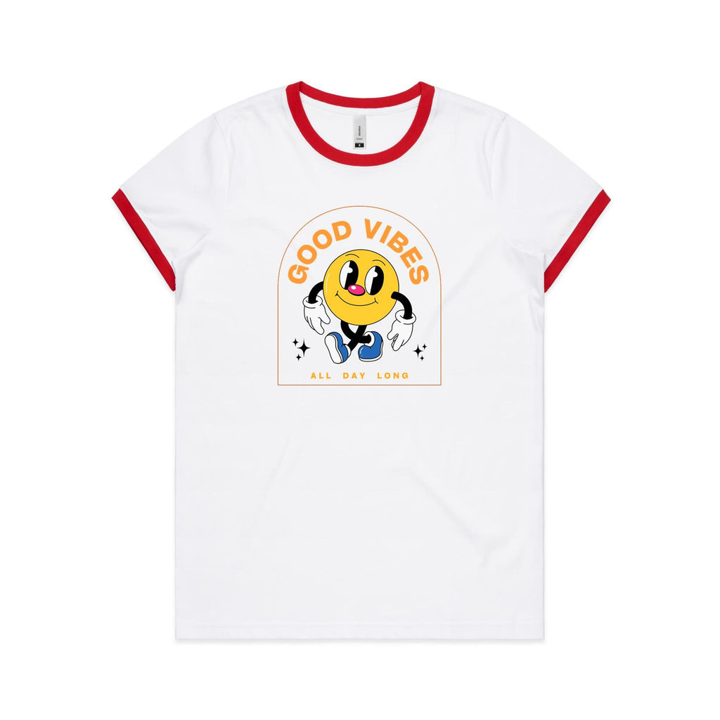 Good Vibes All Day Long - Women's Ringer Tee White Red Womens Ringer T-shirt Positivity Printed In Australia