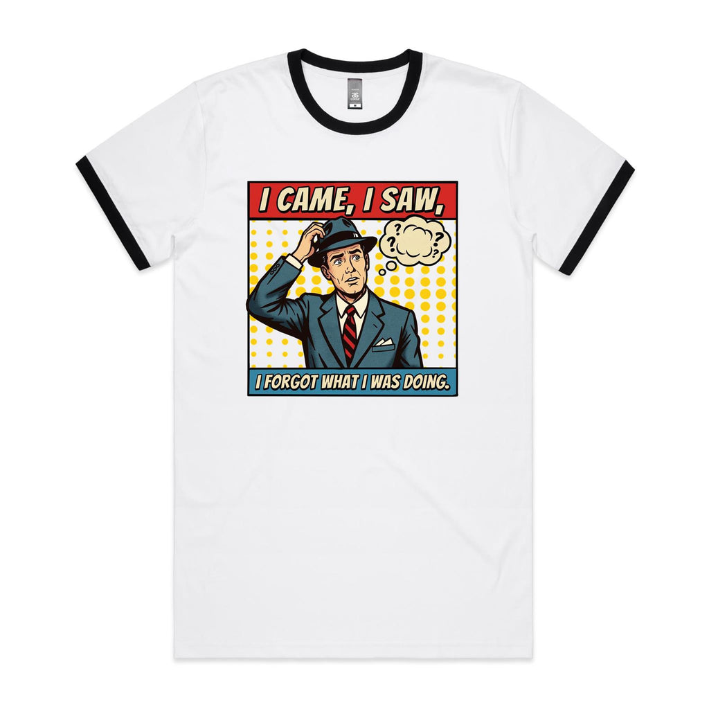 I Came, I Saw, I Forgot What I Was Doing, Retro Gentleman Men's AS Colour Ringer Tee White Black Ringer T-Shirt comic Printed In Australia