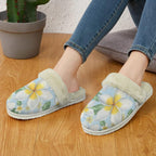 Delicate Frangipani Women's Fur Trim Thick-Sole Indoor Slippers Women's Fur Trimmed Slippers Plants Printed Offshore