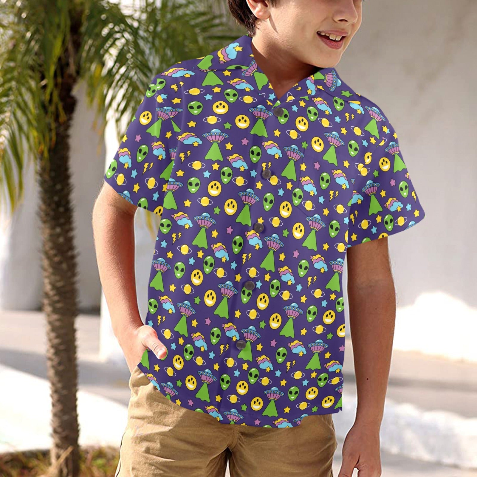 Groovy Alien And UFO Junior Kids Hawaiian Shirt