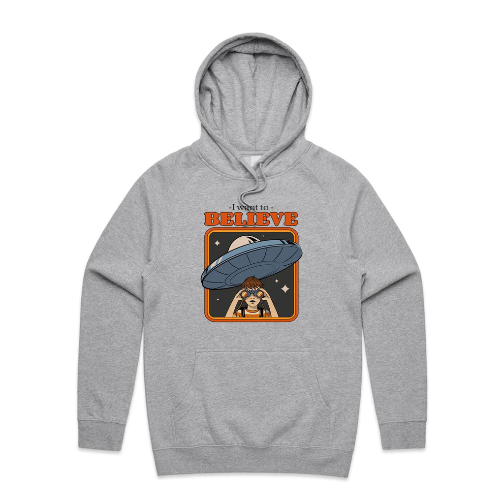 UFO, I Want To Believe - Mens Hoodie Grey Marle Mens Hoodie Printed In Australia Sci Fi