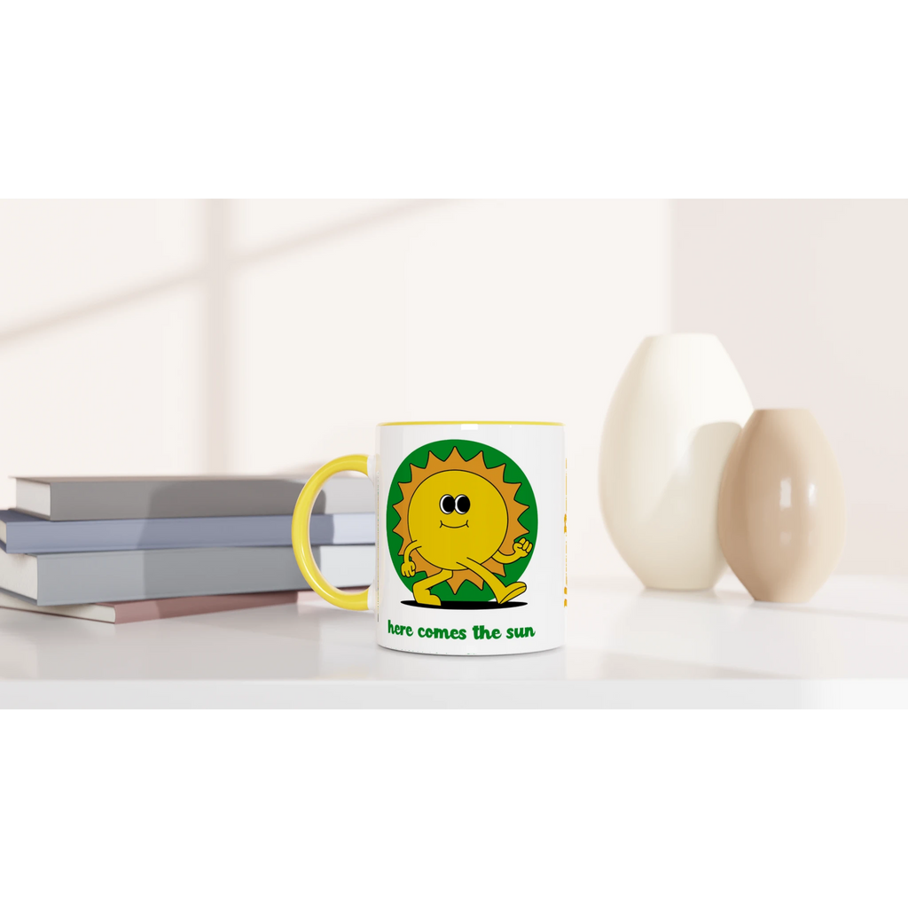 Personalised - Here Comes The Sun - White 11oz Ceramic Mug with Colour Inside Personalised 11oz Mug customise Globally Fulfilled personalise Retro Summer