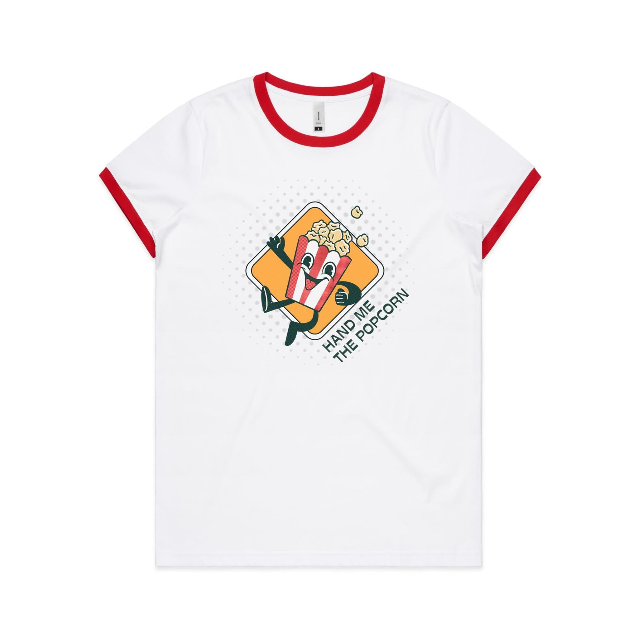 Hand Me The Popcorn - Women's Ringer Tee White Red Womens Ringer T-shirt Food Printed In Australia