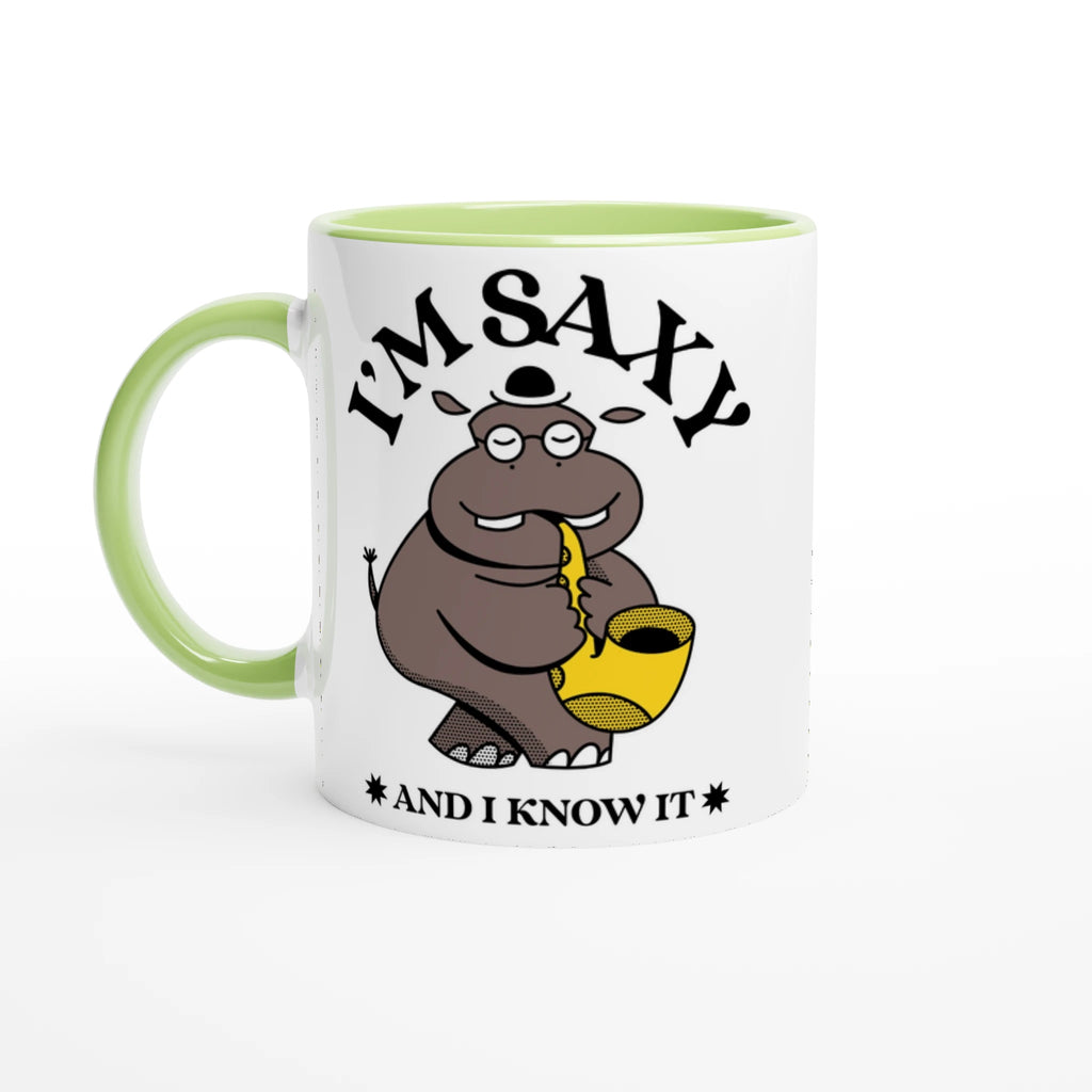 I'm Saxy And I Know It, Saxophone Hippo - White 11oz Ceramic Mug with Colour Inside Ceramic Green Colour 11oz Mug animal Globally Fulfilled Music