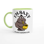 I'm Saxy And I Know It, Saxophone Hippo - White 11oz Ceramic Mug with Colour Inside Ceramic Green Colour 11oz Mug animal Globally Fulfilled Music