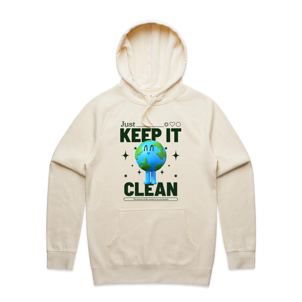 Earth, Just Keep It Clean - Mens Hoodie Ecru Mens Hoodie Environment Printed In Australia