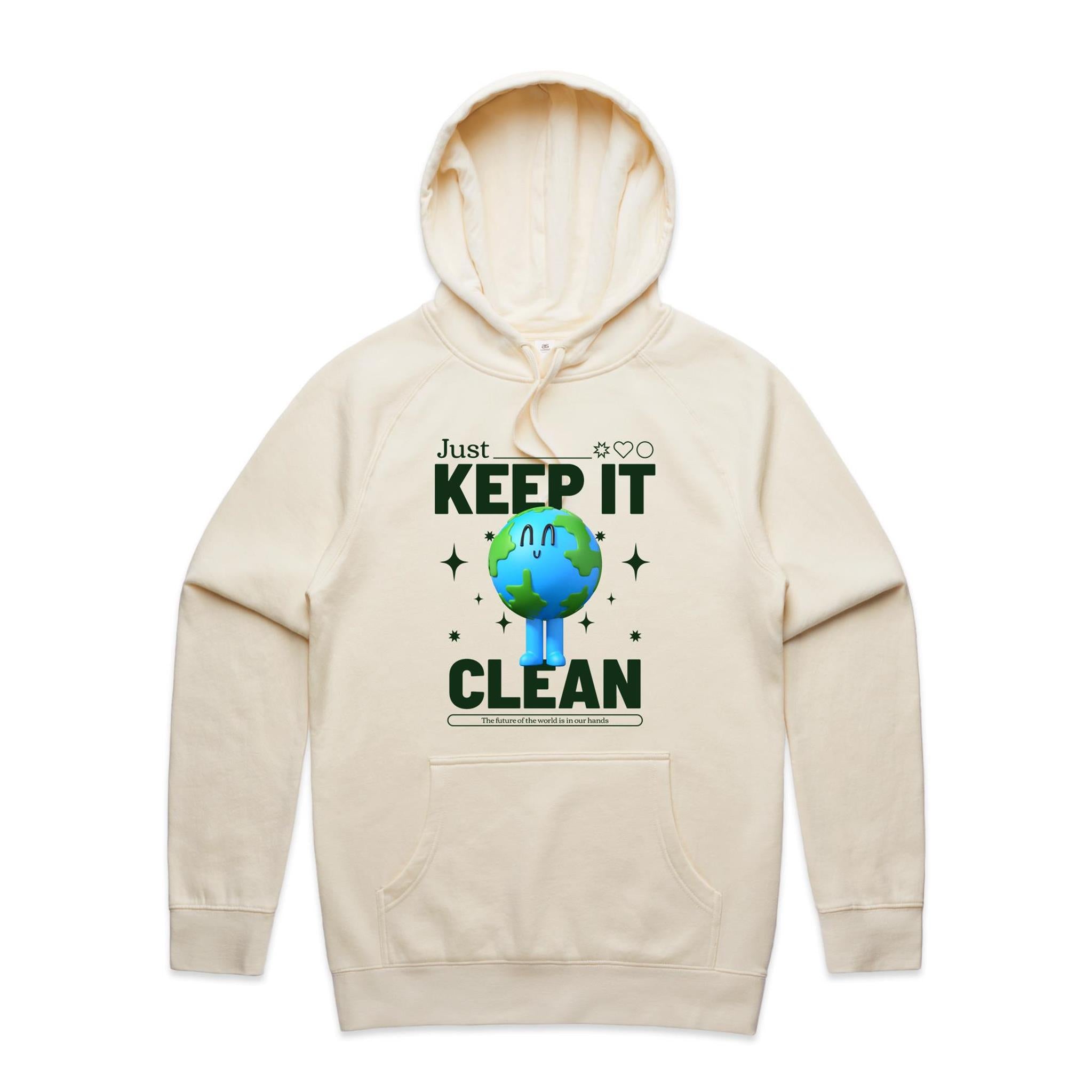 Earth, Just Keep It Clean - Mens Hoodie Ecru Mens Hoodie Environment Printed In Australia