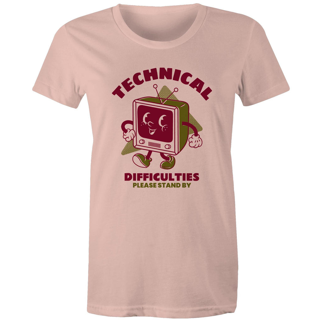 Retro TV, Technical Difficulties - Womens T-shirt Pale Pink Womens T-shirt Printed In Australia Retro Tech
