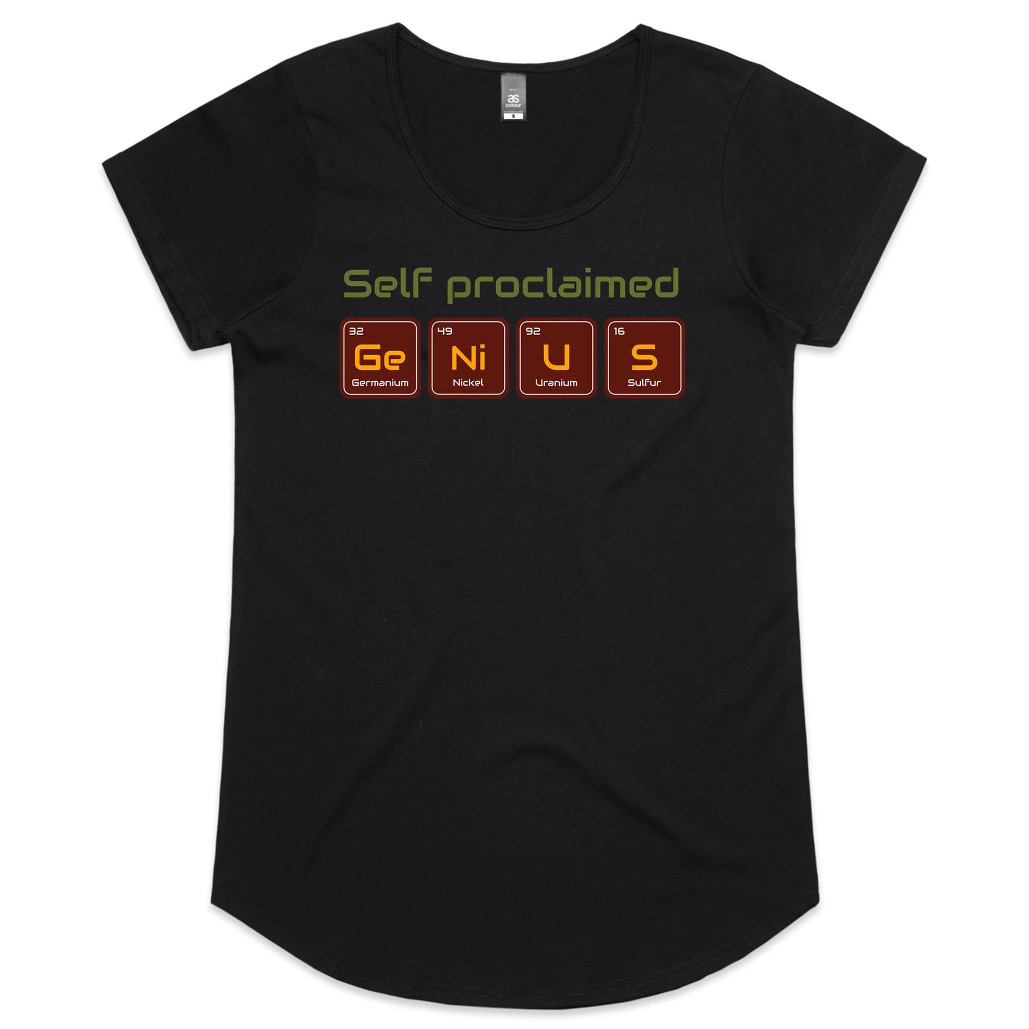 Self Proclaimed Genius, Periodic Table - Womens Scoop Neck T-Shirt Black Womens Scoop Neck T-shirt Printed In Australia Science