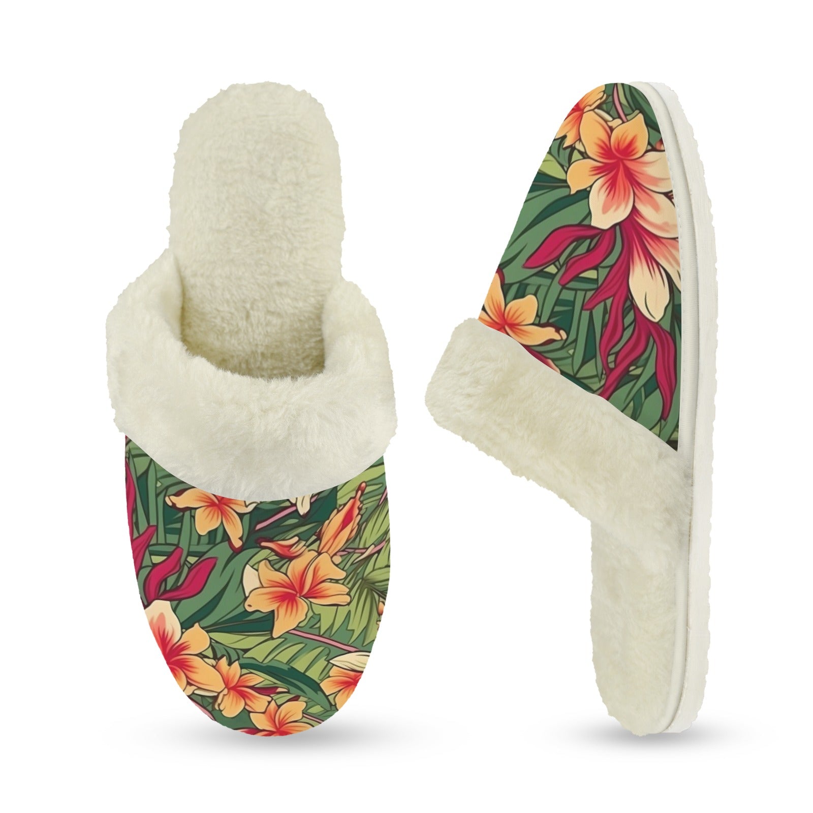 Vintage Hawaiian Floral Women's Fur Trim Thick-Sole Indoor Slippers Women's Fur Trimmed Slippers Plants Printed Offshore