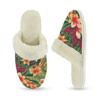 Vintage Hawaiian Floral Women's Fur Trim Thick-Sole Indoor Slippers Women's Fur Trimmed Slippers Plants Printed Offshore