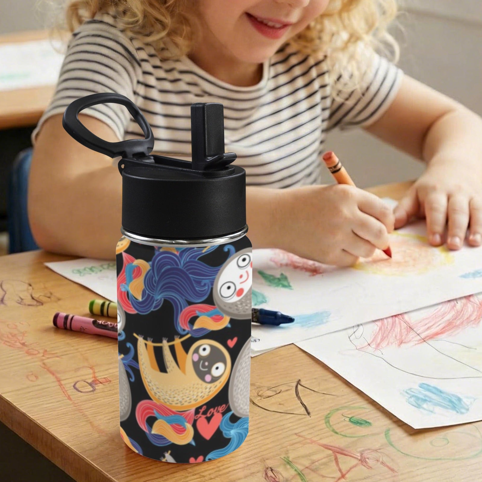 Funny Sloths 12oz Kids Water Bottle with Straw Lid