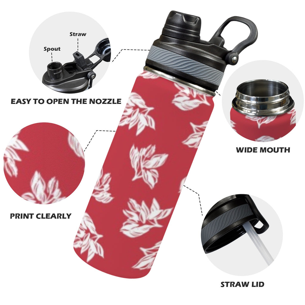 Red Retro Foliage, Hawaiian Flower - Insulated Water Bottle with Dual-Use Lid (18oz) Insulated Water Bottle with Dual-Use Lid (18oz) Printed Offshore Surf