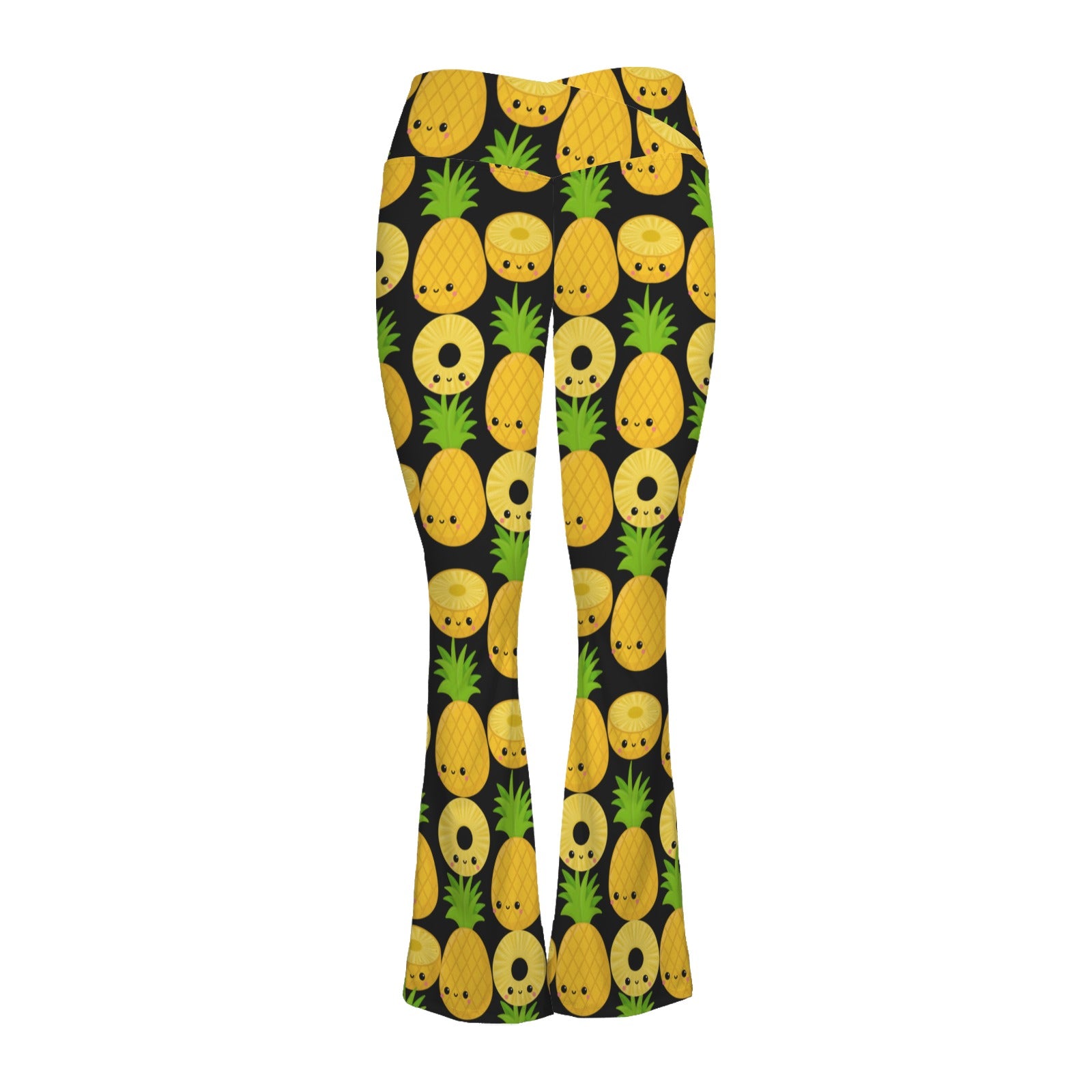 Happy Pineapples High Waist Crossover Tummy Control Flare Leggings High Waist Flare Leggings Food Printed Offshore