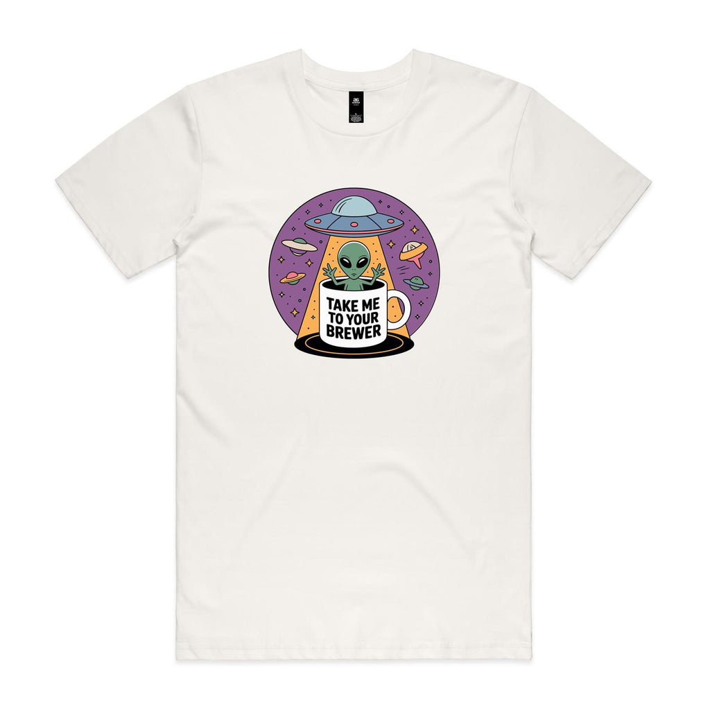 Coffee, Alien, UFO, Take Me To Your Brewer Men's AS Colour T-shirt Natural Mens T-shirt Coffee Printed In Australia Sci Fi