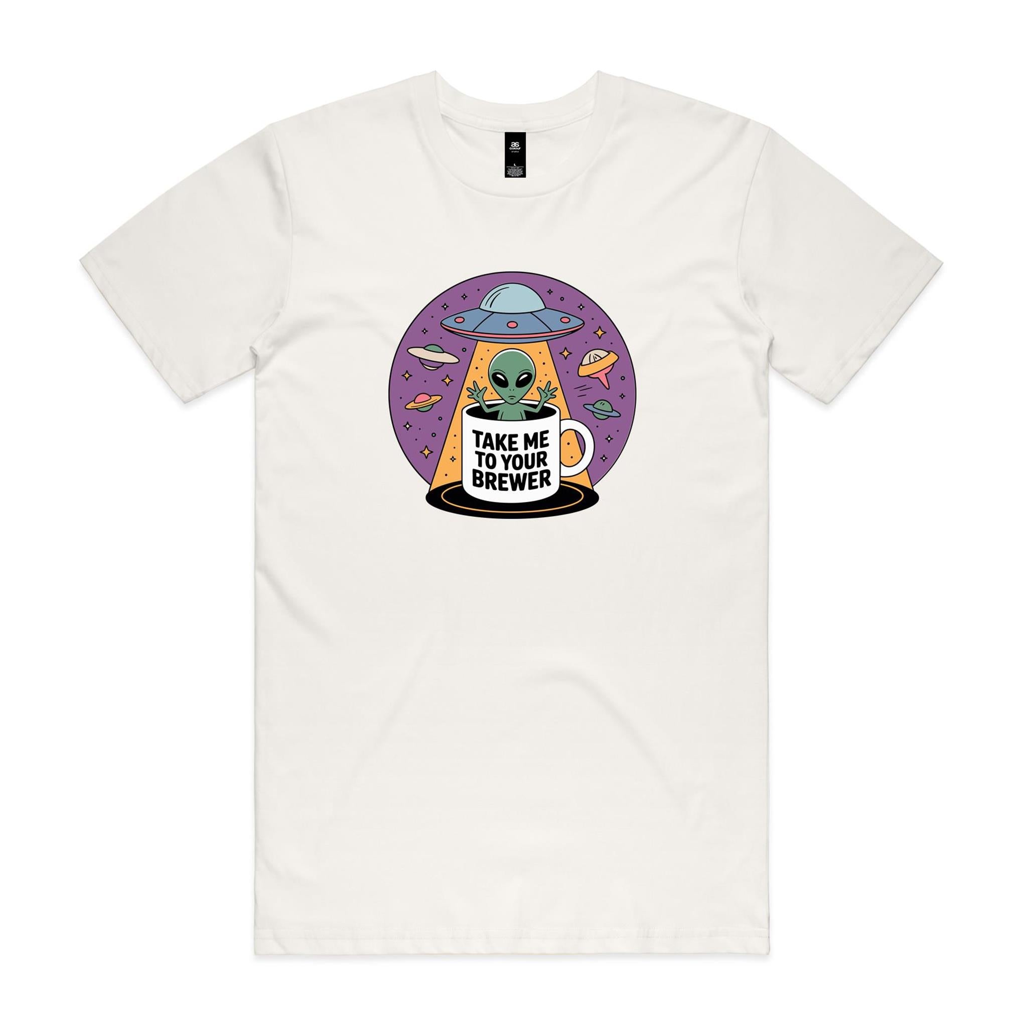 Coffee, Alien, UFO, Take Me To Your Brewer Men's AS Colour T-shirt Natural Mens T-shirt Coffee Printed In Australia Sci Fi