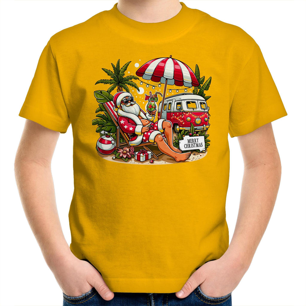 Santa By The Beach- Kids Youth T-shirt Gold Kids Christmas T-shirt Christmas Printed In Australia