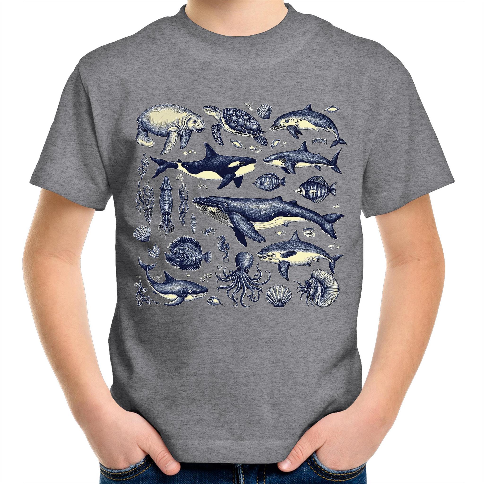 Sea Creatures - Kids Youth T-Shirt Grey Marle Kids Youth T-shirt animal Printed In Australia