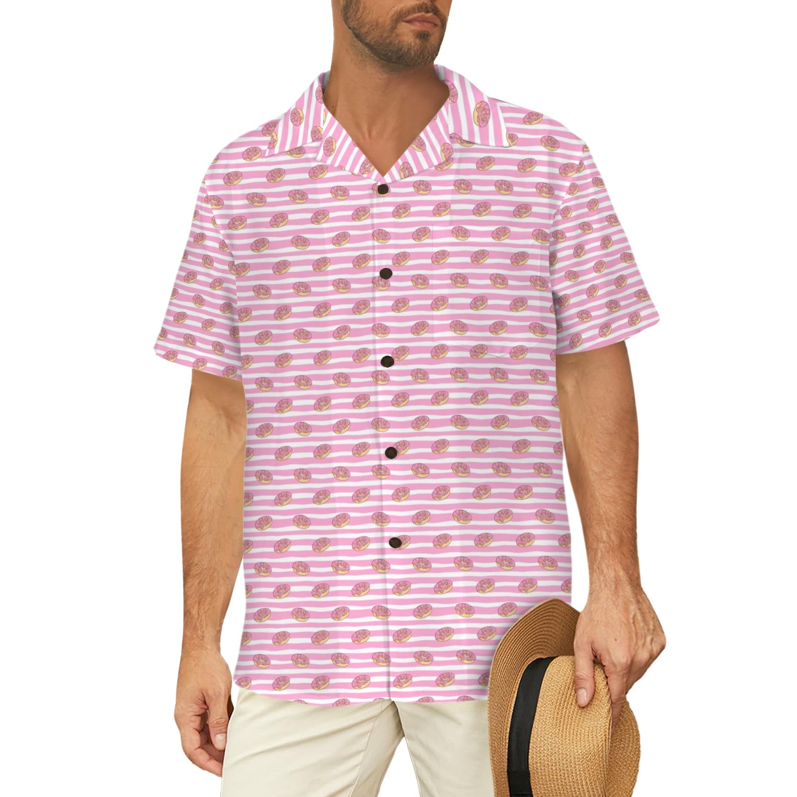 Pink Donut Stripes - Men's Short Sleeve Hawaiian Shirt Men's Hawaiian Shirt (New) Food Printed Offshore