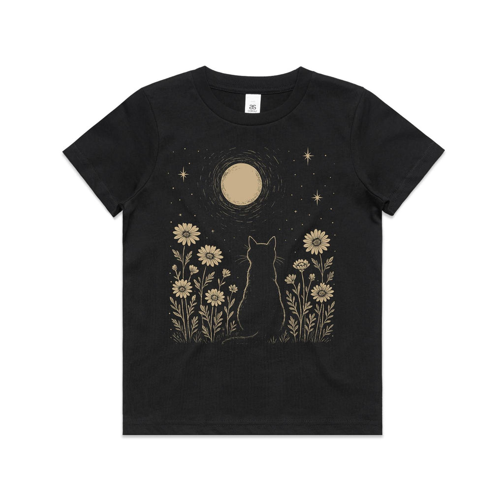 Whimsical Cat And Moon Kid's AS Colour T-shirt Black Kids Youth T-shirt animal Printed In Australia