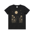 Whimsical Cat And Moon Kid's AS Colour T-shirt Black Kids Youth T-shirt animal Printed In Australia