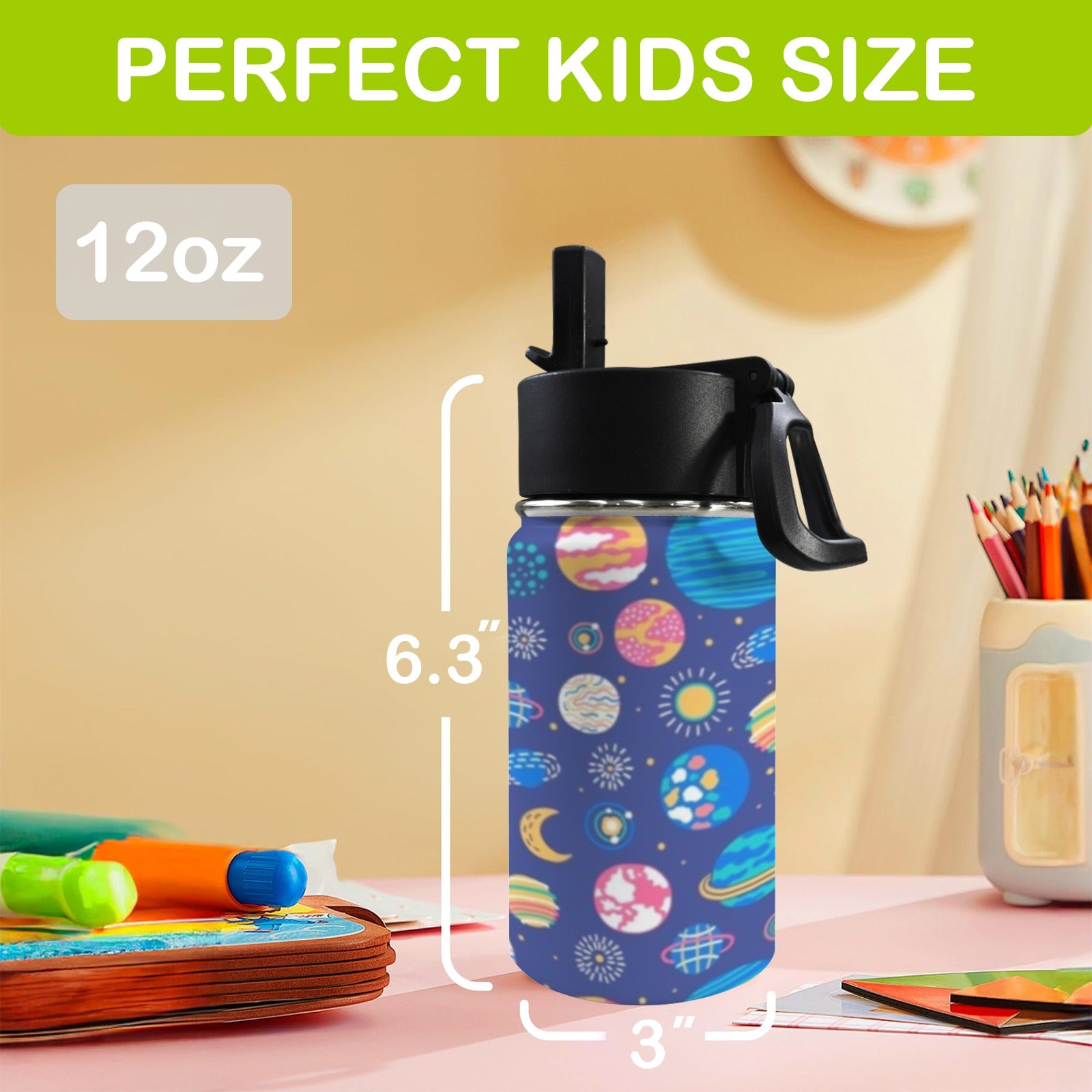 Planets On Blue 12oz Kids Water Bottle with Straw Lid