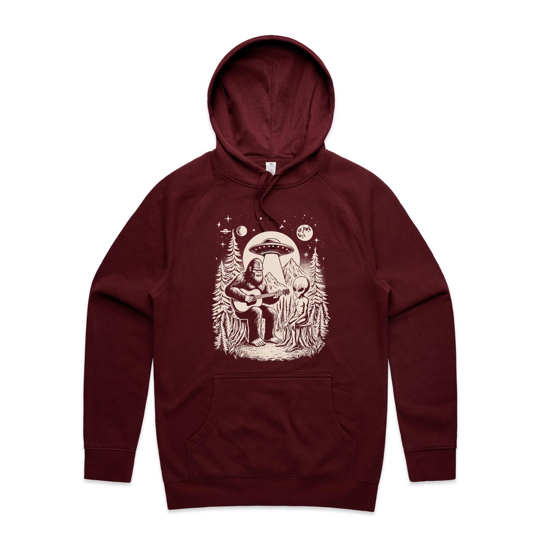 Alien And Bigfoot Playing Guitar - Mens Hoodie Burgundy Mens Hoodie Music Printed In Australia Sci Fi