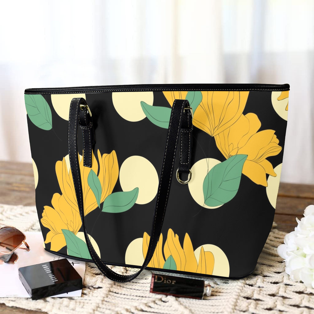 Yellow Flowers And Dots - Leather Tote Bag-Large
