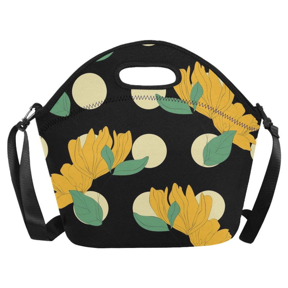 Yellow Flowers And Dots Neoprene Lunch Bag/Large (Model 1669) Neoprene Lunch Bag Plants Printed Offshore