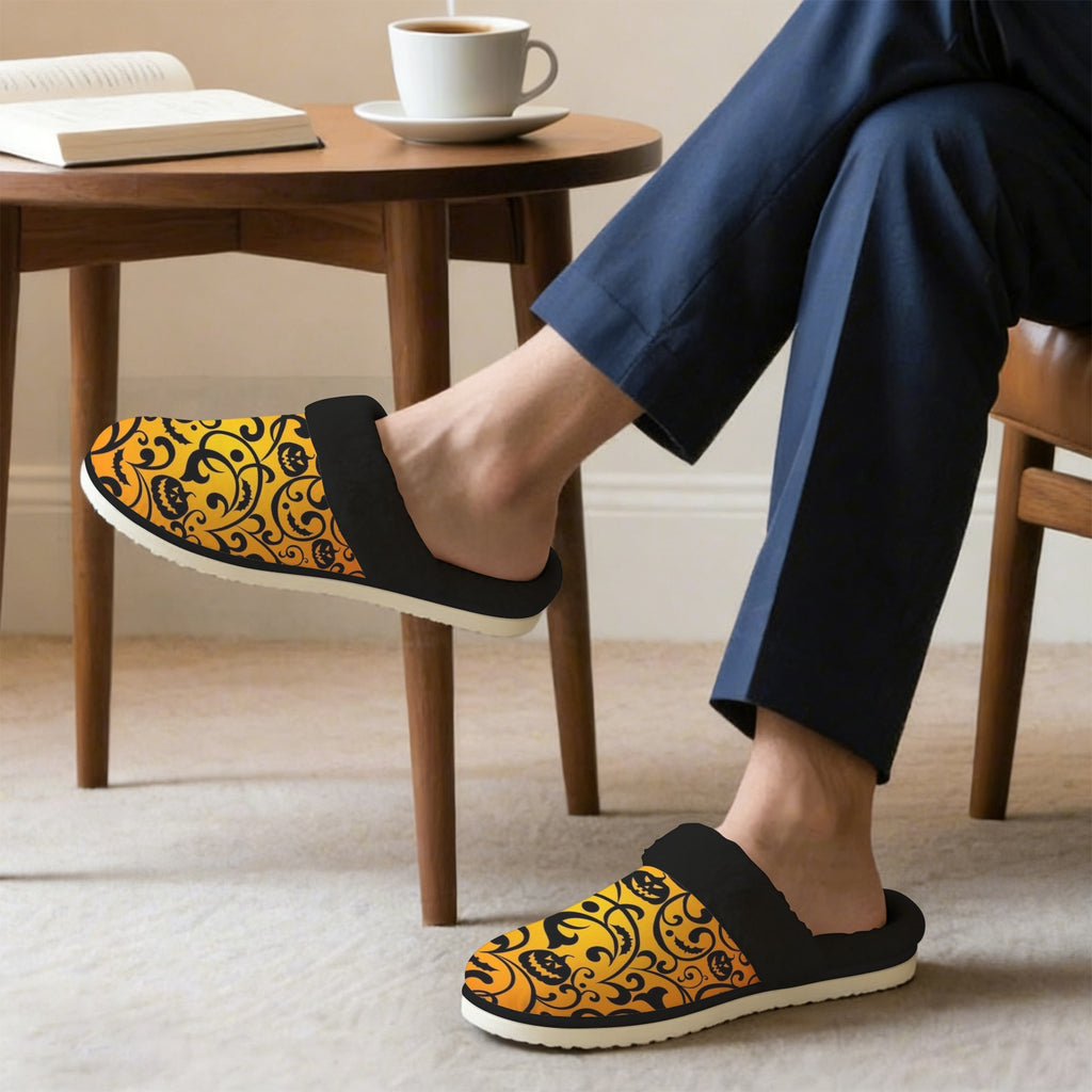 Halloween Men's Fur Trim Thick-Sole Indoor Slippers Men's Fur Trimmed Slippers Halloween Printed Offshore