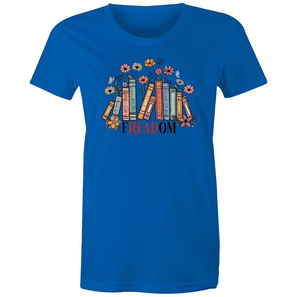 Freedom, Reading Books - Womens T-shirt Bright Royal Womens T-shirt Printed In Australia Reading