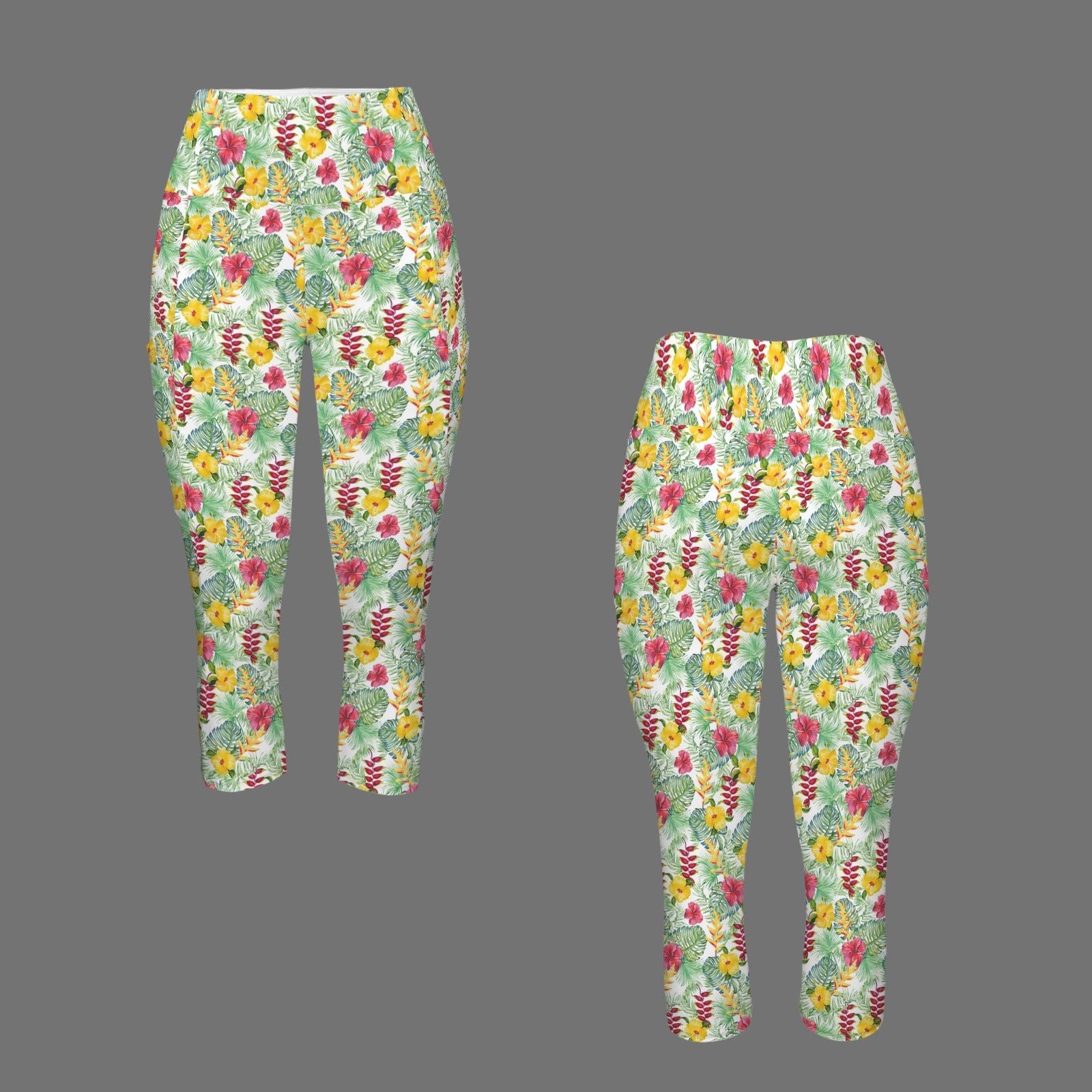 Tropical Flowers On White - Women's High Waist Pocket Capri Yoga Leggings