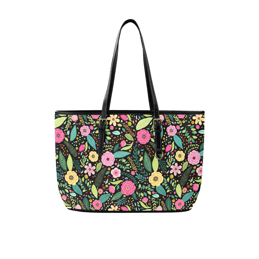 Bright Floral And Leaves PU Leather Tote Bag Large